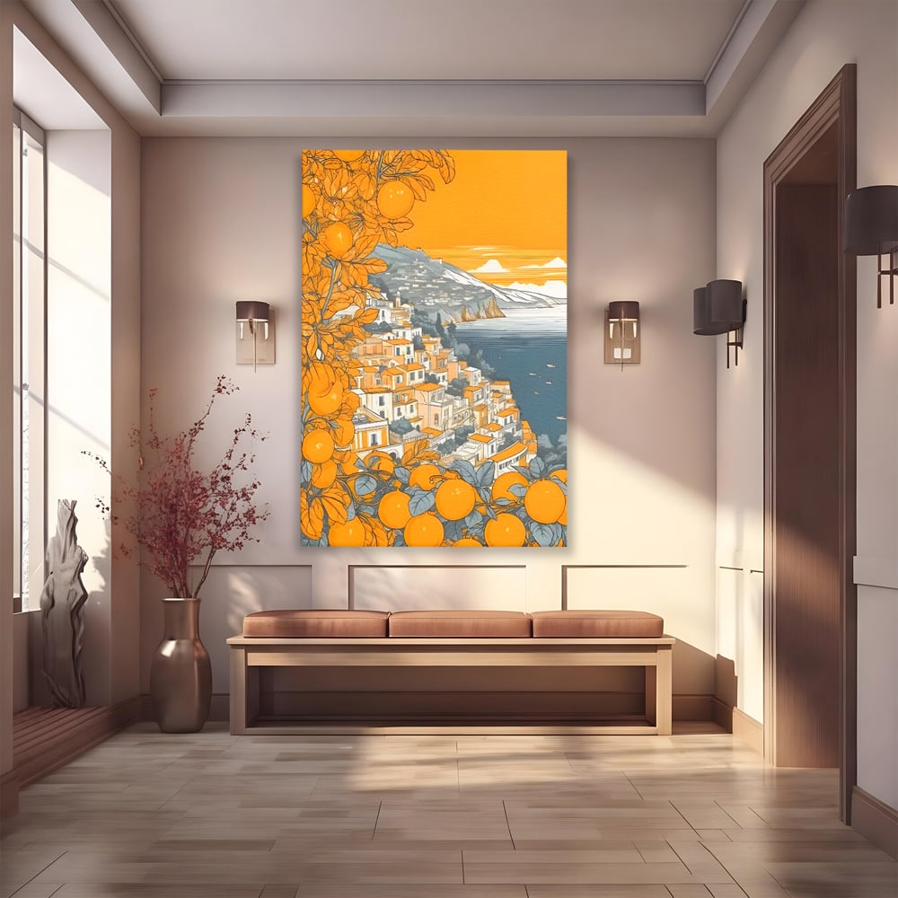 Tablou canvas cu ilustratie cu oras pe malul marii, fara rama, pe sasiu de lemn